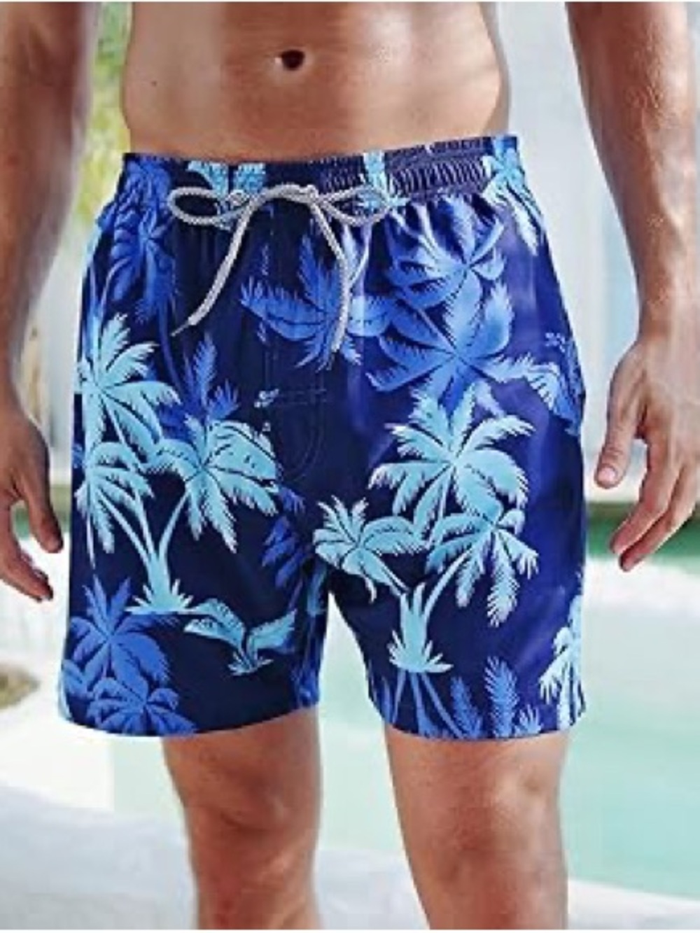 Men's Blue Tropical Palm Print Swim Trunks